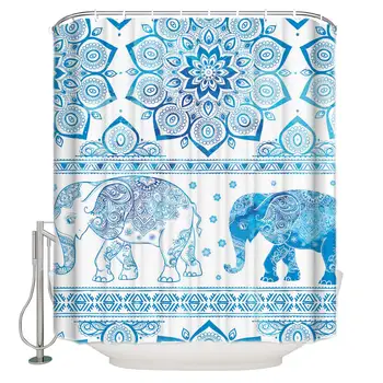 

Bohemian Elephant Fabric Shower Curtain with Hooks, Animal Bathroom Shower Curtains Set Waterproof Polyester Bed Bath Curtains,
