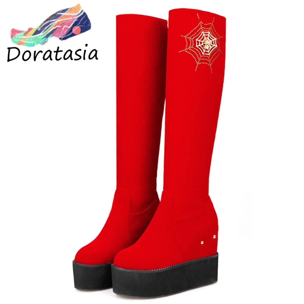 

DORATASIA Plus Size 34-44 Sweet High Platform Boots Ladies slip-on Knee High Fur Boots Women 2020 High Hidden Heel Shoes Woman