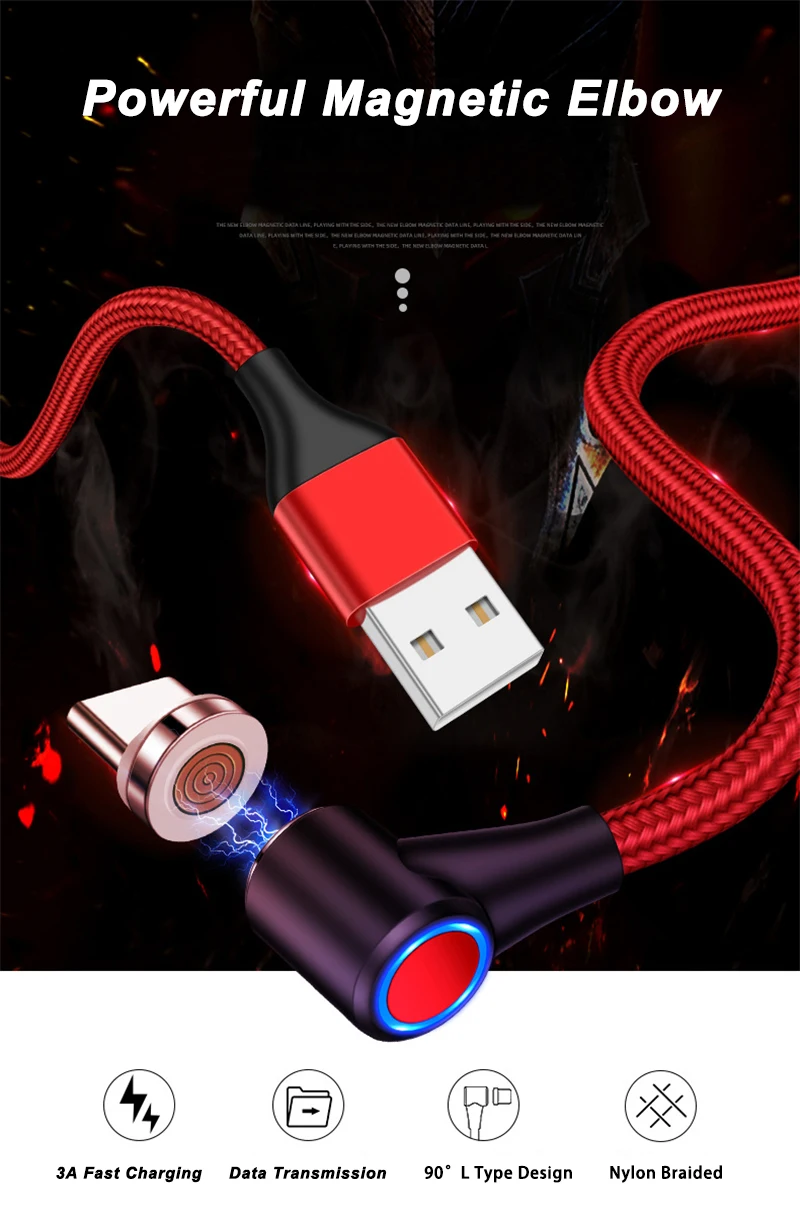 90 градусов 3A светодиодный магнитный Micro usb type-C кабель для быстрой зарядки для iPhone SAMSUNG XIAOMI HUAWEI LG Quick Charge 3,0 провод