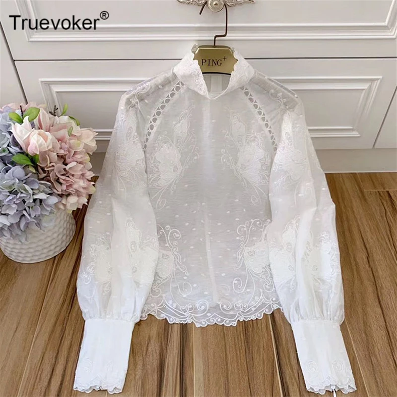 Truevoker осенние дизайнерские льняные блузки женские высокого класса модные длинные рукава Вышивка круг Вырез Топ благородные вечерние рубашки