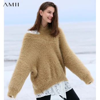 

Amii Minimalist Pullover Sweater Winter Women Fashion Halter Solid Loose Thick Elegant Female Sweater 11870369