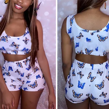 

Sexy Women 2 Piece Pajama Set Crop Top Shorts Sleepwear Sexy Sleeveless Nightwear Set Slim Butterfly Leopard Print Jumper