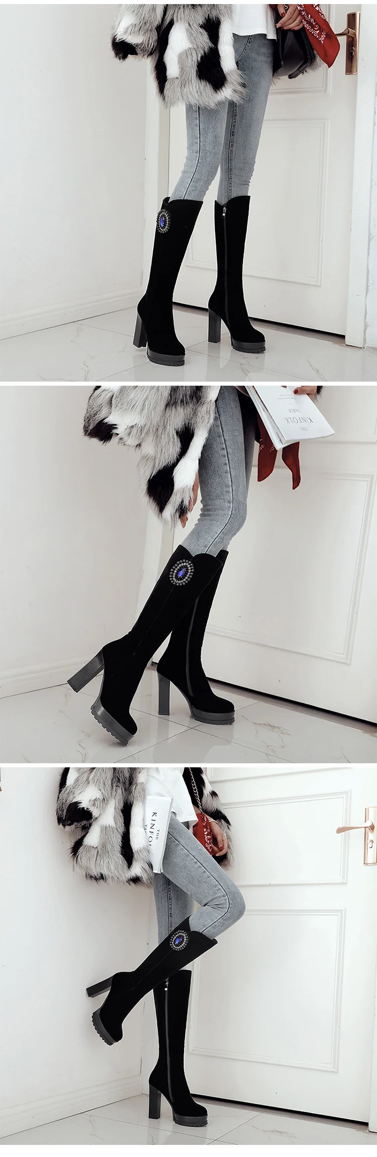 New winter Women Knee-High Boots High Square heel Zipper Crystal Sexy Ladies Women Platform Shoes Black Warm Boots Big Size