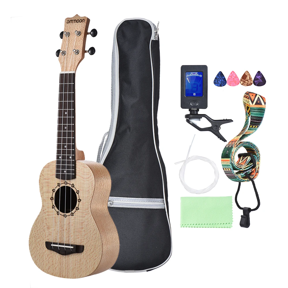 ammoon Soprano Ukelele 21" Ukulele Platanus Body Rosewood Fingerboard 4 Strings Hawaiian Guitar Set with Accessories |