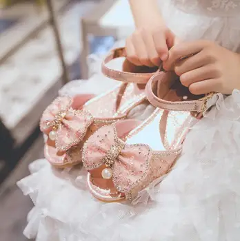 

Sandals Girls Little Girls Big Children Sandals Flat Soft Princess Rhinestone Kids Beach Shoes Bow-knot With Pendant Sweet 23-34