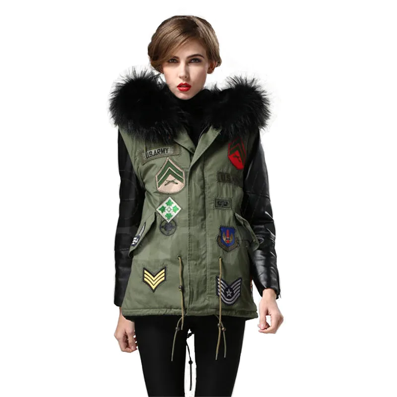 Женская меховая черная Большая куртка с воротником из натурального меха енота, расшитая бисером сексуальная теплая куртка для девочек, куртка с кожаным рукавом, пальто, армейский зеленый S-4X