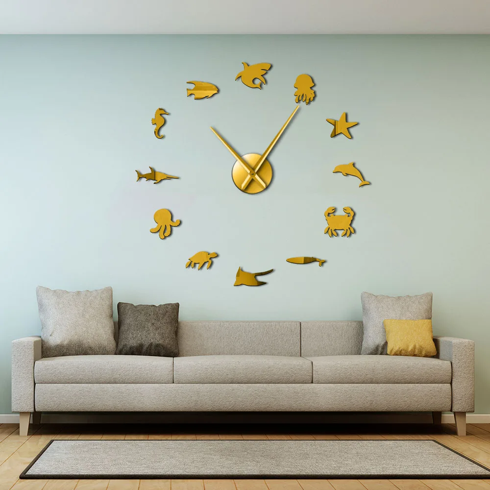 Aquatic Animals Wall Art 3D Mirror Stickers DIY Giant Wall Clock Undersea Kid Room Nursery Wall Decor Sea Life Frameless Watch 6
