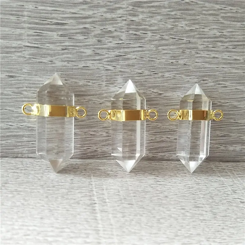 FUWO Wholesale Natural Crystal Quartz Point Pendant,Golden Double Bail Healing Stone Accessories For Necklace Making PD379 5Pcs