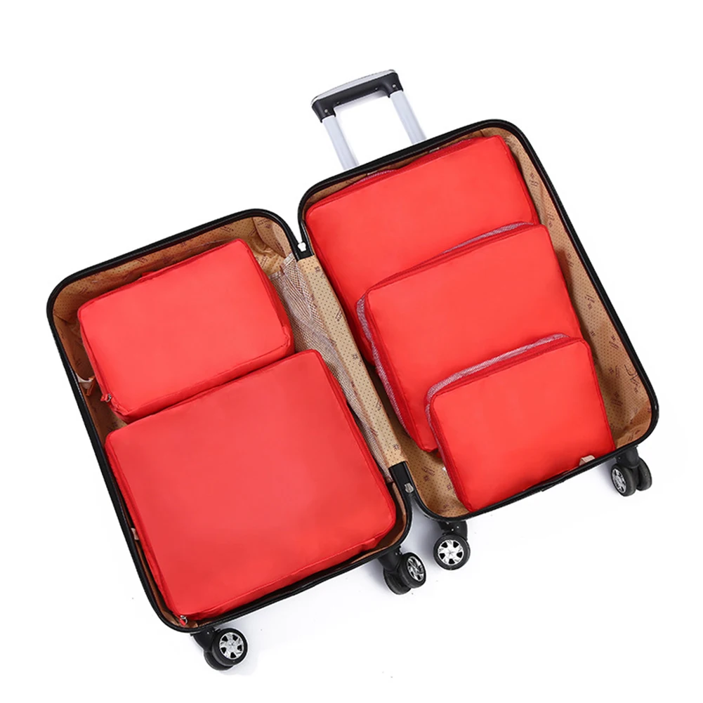 5Pcs Polyester Lightweight Bathroom Foldable Compression Storage Bag Set Luggage Packing Travel Suitcase Clothes Organiser - Цвет: Red