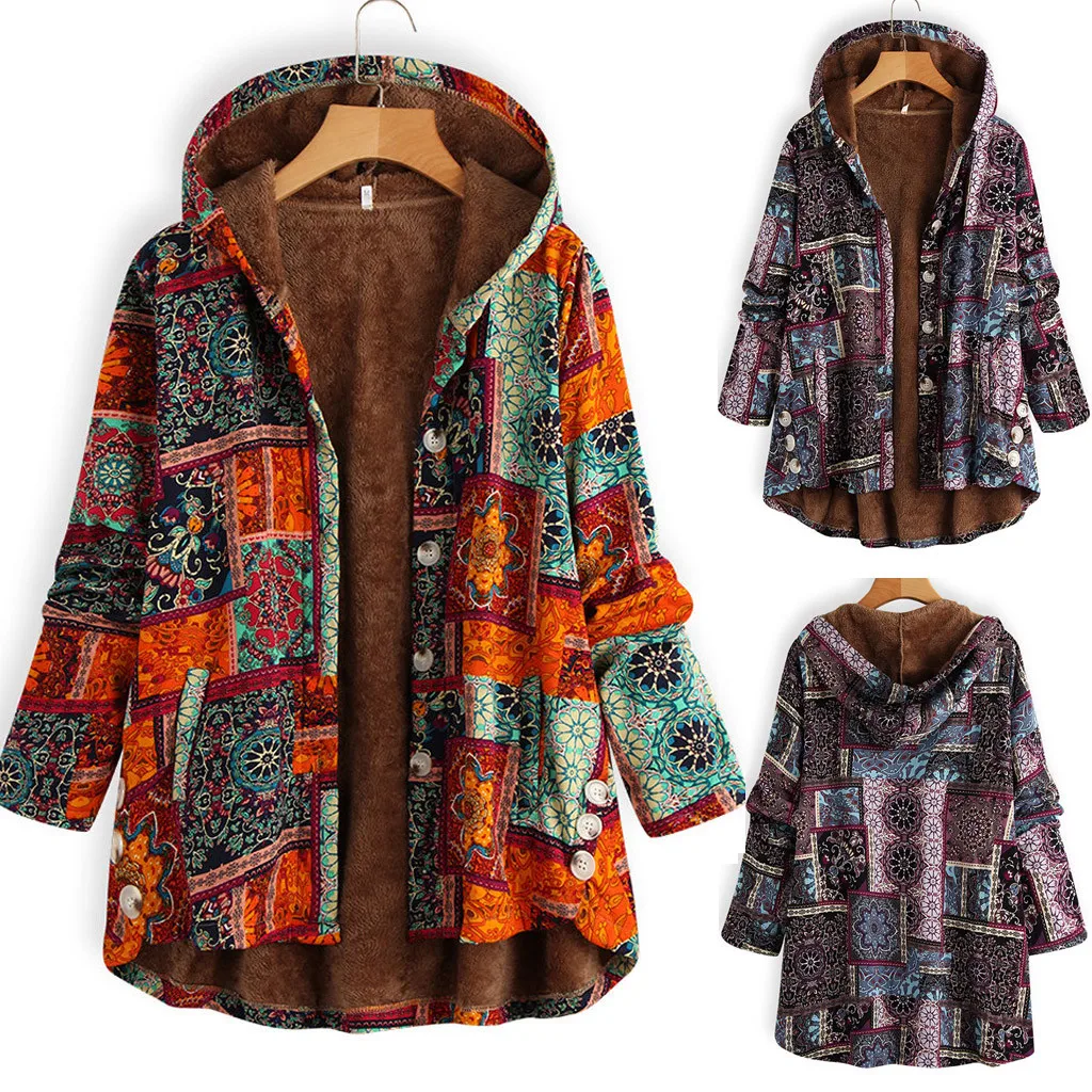 Женское пальто, зимняя теплая верхняя одежда, цветочный принт, с капюшоном, с карманами, винтажный стиль, женские пальто, женская повседневная верхняя одежда, большие размеры
