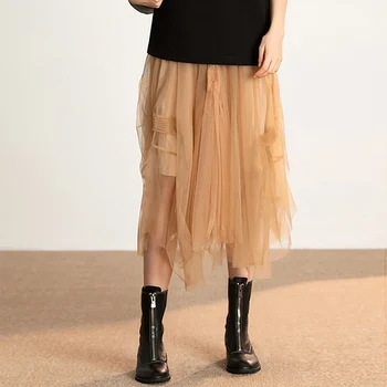 

Skirts Women Elastic Layered Irregular Design High Waist Mesh Patchwork puffy A-line High Quality Slim Skirt Fashion Style
