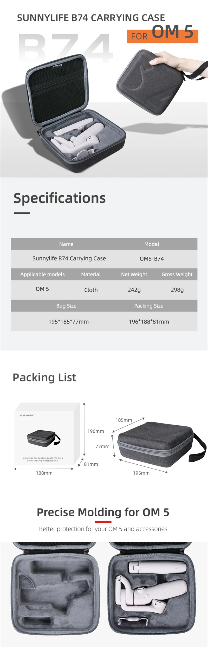 Sunnylife B74 Portable Carrying Case Protective Handbag Storage Bag Accessories for DJI OM5 Handheld Gimbal Accessories