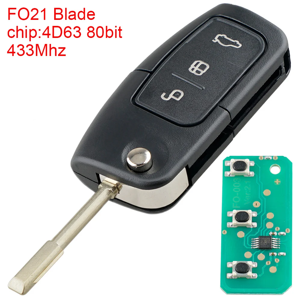 433Mhz 3 Buttons Remote Car key with 4D63 80Bit Chip FO21 Blade Keyless Entry Transmitter for FOCUS MONDEO FIESTA S MAZ GALAXY 12v universal automatic keyless entry system car start and stop buttons keychain kit central door lock with remote control