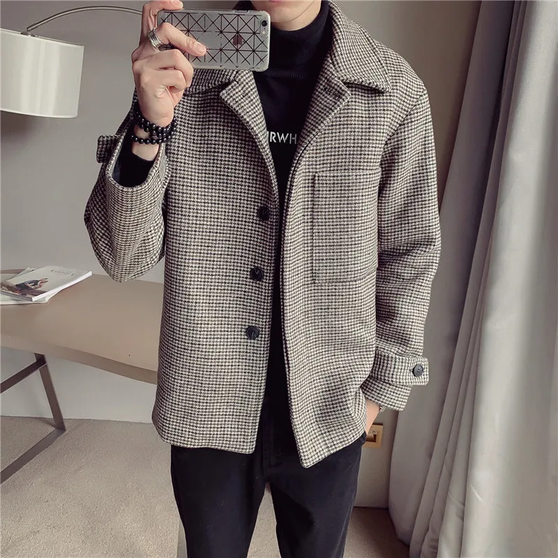 White Houndstooth Зимняя новая мужская шерстяная куртка, тонкая модная повседневная клетчатая куртка в стиле ретро, пальто, Мужская Уличная шерстяная куртка в британском стиле - Цвет: White Houndstooth