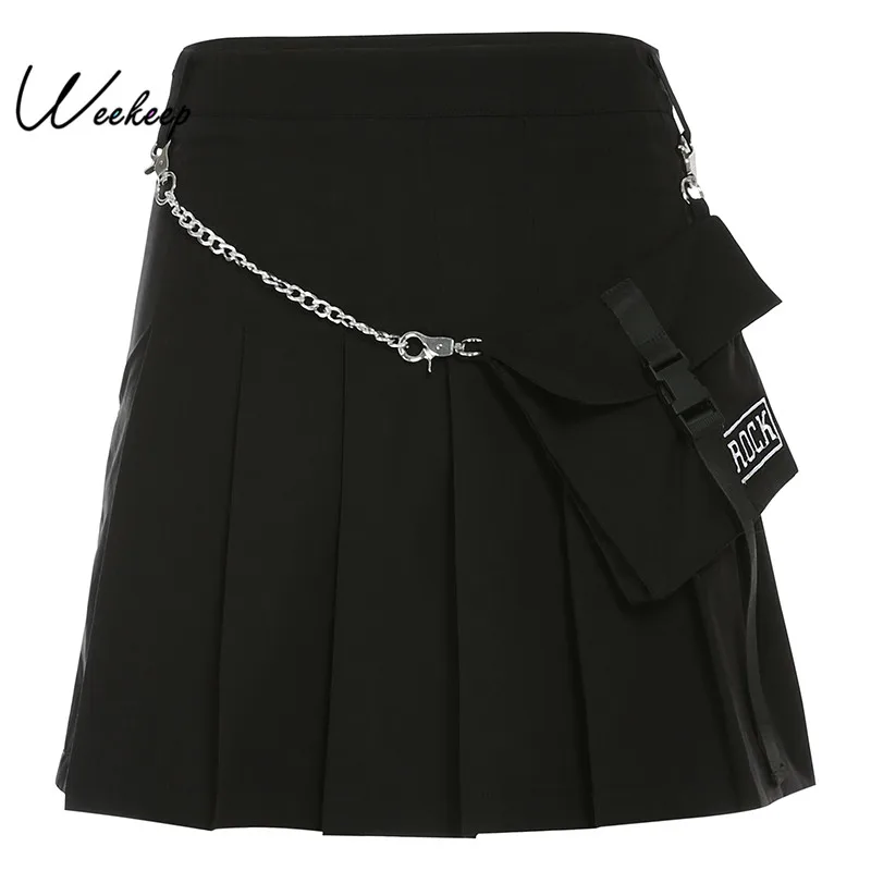 Weekeep металлическая цепь Лоскутная юбка женская черная высокая талия уличная плиссированная Сексуальная Мини трапециевидная юбка - Цвет: Черный