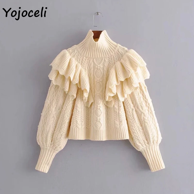 Yojoceli вязаный свитер с оборками; Женская водолазка; уличная одежда; вязаный джемпер; пуловер