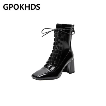 

GPOKHDS 2021 women ankle boots Patent leather Back zipper winter short plush square toe high heels female boots size 40