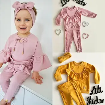 

Newborn Baby Girl Boy Kid Long-sleeved Top Romper Pants Headband Clothes 3PCS
