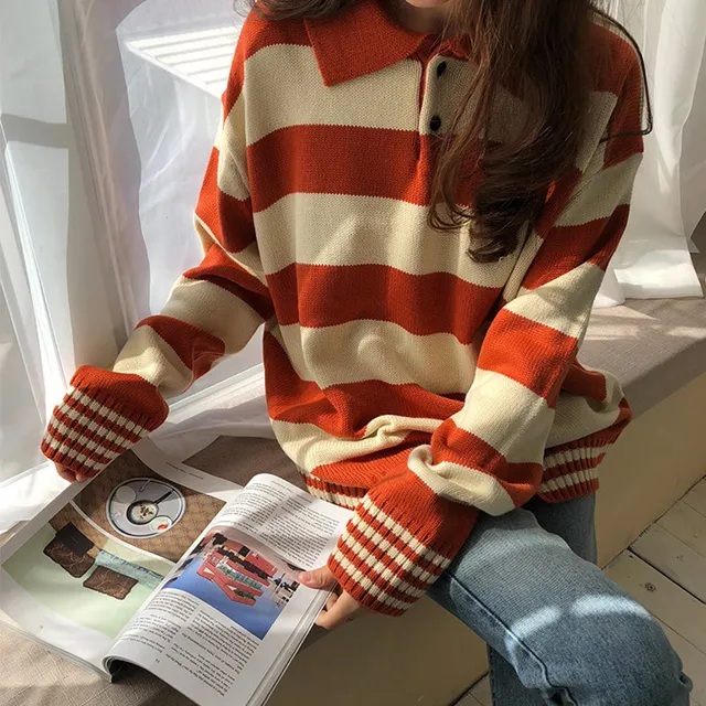 US $29.99 Harajuku Striped Hit Color Women Kintted Sweater Long Sleeve Casual Loose Female Pullover Top 2019 
