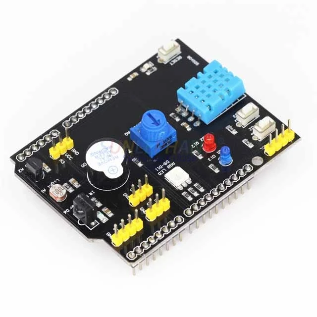

A6-- DHT11 LM35 Temperature Humidity Sensor Multifunction Expansion Board Adapter UNO R3 RGB LED IR Receiver Buzzer I2C