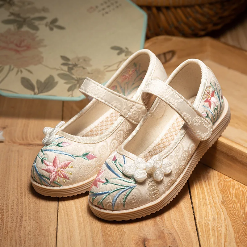 Girls Embroidered Fabric Flats Shoes
