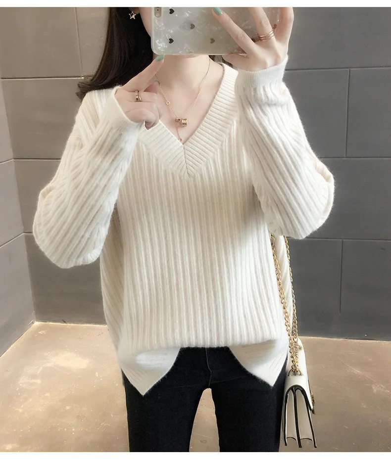 Осенне-зимний свитер с v-образным вырезом Женский облегающий эластичный вязаный мягкий полувер свитер женский корейский Модный пуловер Хаки бежевый