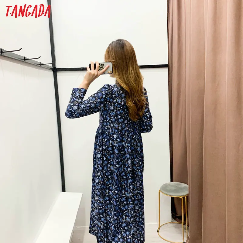 Tangada для женщин цветочный узор плиссированное платье миди с длинным рукавом женская повседневная одежда свободные платья vestidos mujer XN08