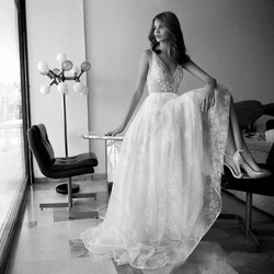 Fivsole Delicate Full Appliques Wedding Dress Beach Boho Tulle Bride Gowns A Line Backless Floor Length V-neck Robe De Mariee