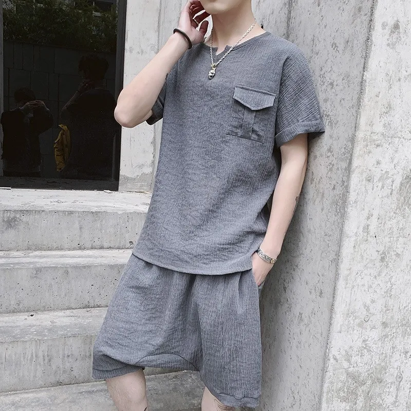 Chinese Style Summer Mens Loose Fit Casual Two Piece Outfits Short Sleeve Pullover Pockets T-Shirts Elastic Waist Cross Shorts Chinese Style Summer Mens Loose Fit Casual Two Piece Outfits Short Sleeve Pullover Pockets T-Shirts Elastic Waist Cross Shorts