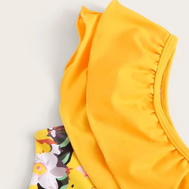 Одежда для купания для девочек на одно плечо; детский слитный купальник с цветочным принтом и оборками; летняя пляжная одежда; милые детские купальные костюмы