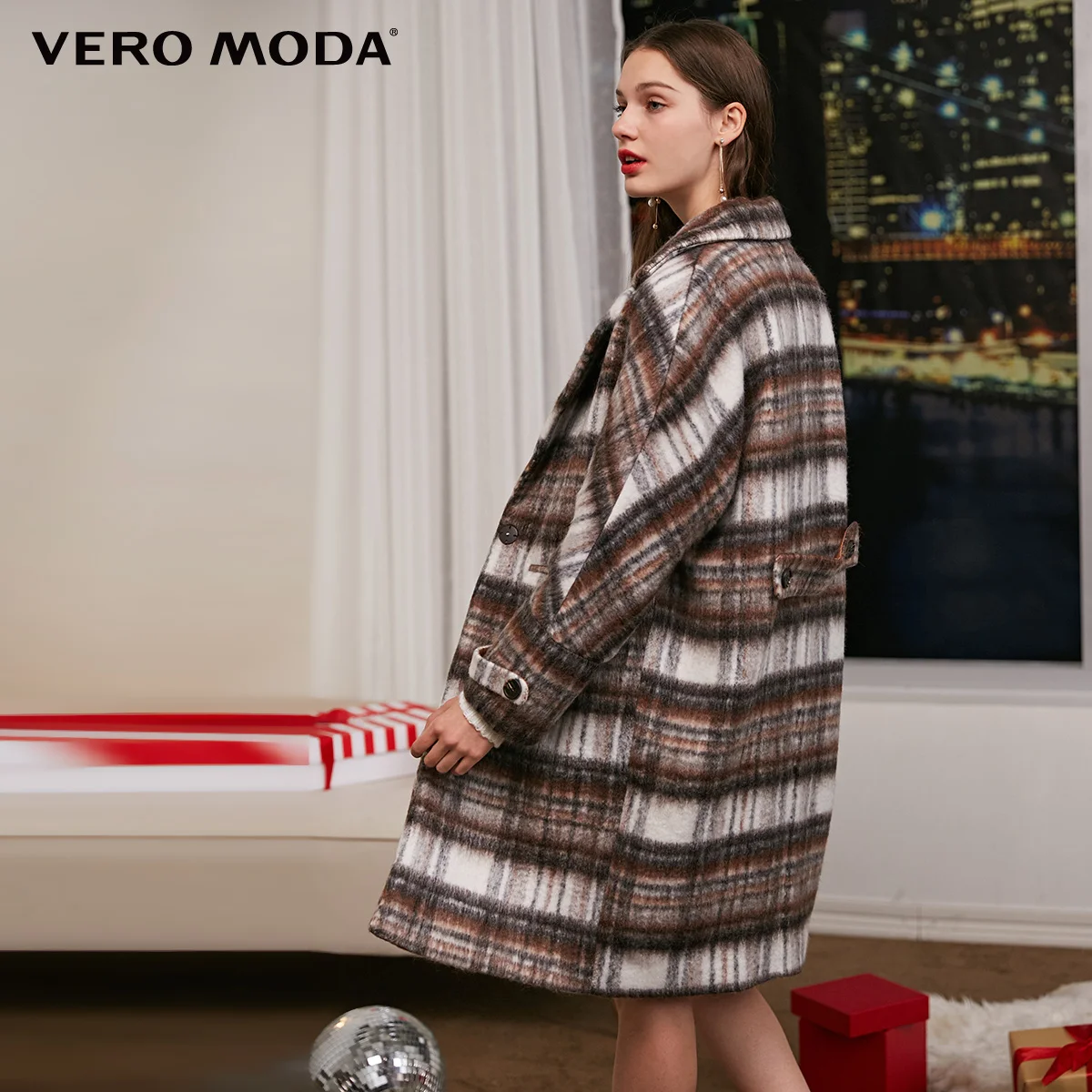 Vero Moda зимнее длинное шерстяное пальто в клетку с воротником с лацканами | 318327507