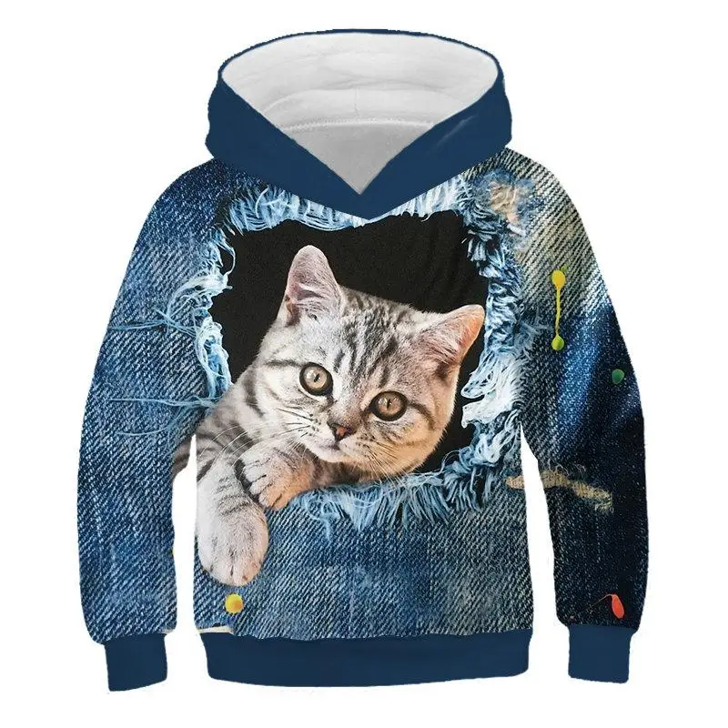 Толстовка с капюшоном и 3D-принтом котенка; стильный свитер с принтом кота; Детский свитер; модная повседневная толстовка с капюшоном для мальчиков и девочек