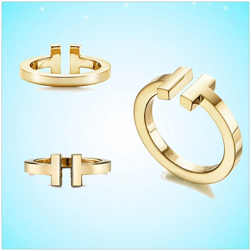 

Ms 100% pure silver European and American classic brand golden letters T series wire ring festival decorations gifts