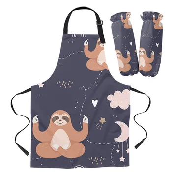 

Sloth Meditates Stars Apron For Woman Kitchen Home Apron Cuff Oven Mitts Adult Kids Work Coffee Restaurant Apron Set