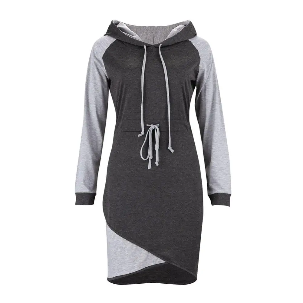 Women Casual Long Sleeve Color Block Waist Tight Drawstring Bodycon Hoodie Dress Ladies color matching hat skirt | Женская одежда