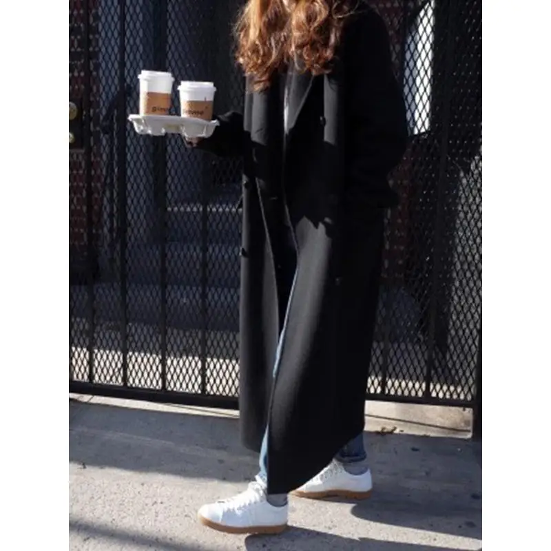 Getвесеннее женское Шерстяное Пальто двубортное шерстяное пальто черный хаки винтажное Универсальное длинное зимнее женское пальто Новая мода - Цвет: Black