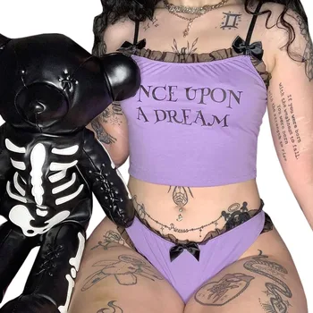 

Girls Lace Purple Bow Letter Sleepwear Pajamas Women Spaghetti Strap Crop Top Sexy Underwear Pajamas Set Nightwear