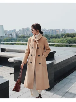 

2019 Autumn Winter Plus Size Wool Women Coats Jackets Pockets Blends Office Work Long Coats Slim Long Sleeve Blends mujer S0243