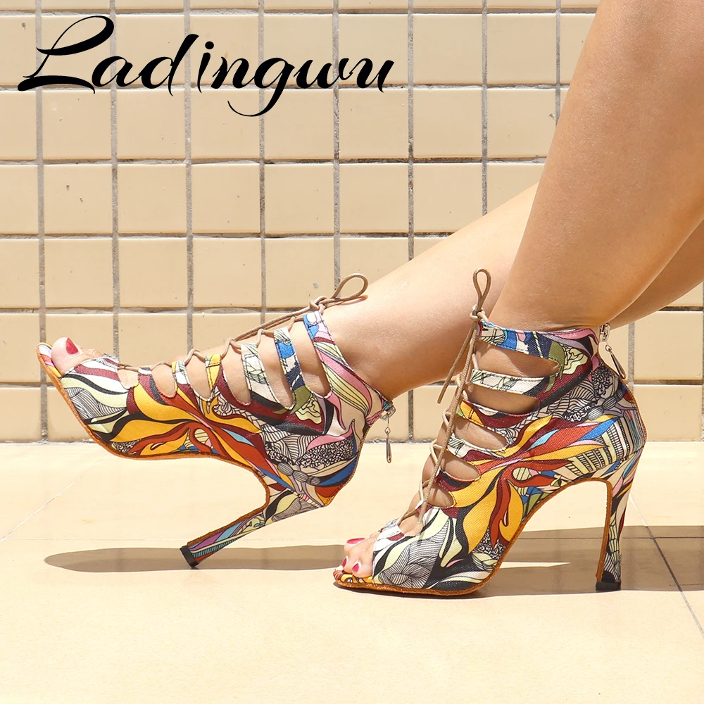 Creative Graffiti Denim Dance Shoes Soft Bottom Zipper Women's sandals Latin Salsa Shoes Blue/Red/Yellow