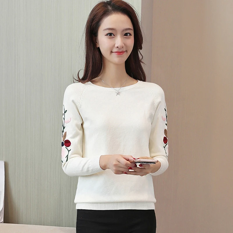Tanie 2019 wiosna jesień nowy sweter krótkie haftowane koreański styl kobiety luźne najniższy sweter wokół szyi sweter sweter