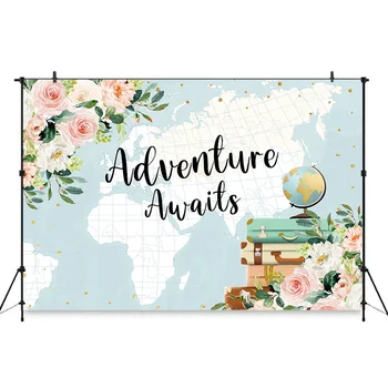 

Adventure Photography backdrop Air plane Floral Baby shower Background World Map Birthday Party Backdrops Banner Photography Pro