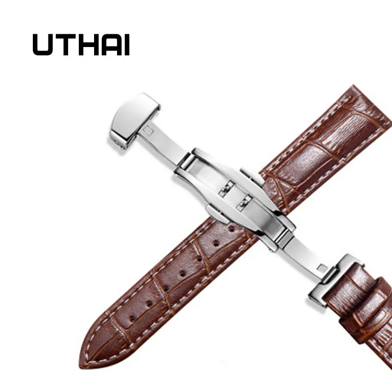 UTHAI Z09 Ремешки для наручных часов из натуральной кожи 12-24 мм Универсальные часы с бабочкой и пряжкой стальной ремешок с пряжкой браслет+ инструмент - Цвет ремешка: Brown white line