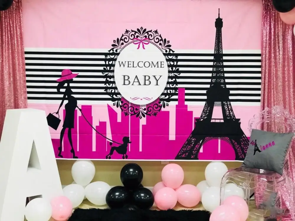 Mocsicka Париж Эйфелева башня ребенок душ фон розовый тематика Baby Shower для фотосъемки
