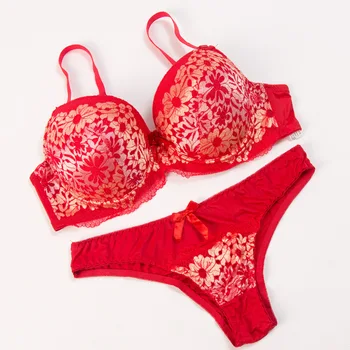 

2020 Gather Sexy Lace Embroidery Women's Plus Size Bra Set Three Quarters (3/4 Cup) Wine Red