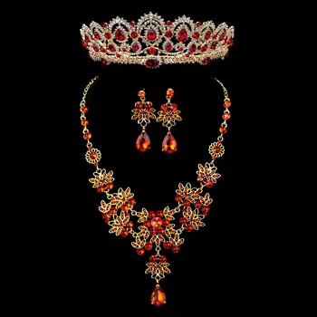 

KMVEXO 3PCS Baroque Vintage Gold Red Crystal Bridal Jewelry Sets Rhinestone Tiaras Crown Necklace Earrings Set Wedding Accessory