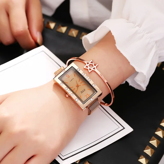Креативные прямоугольные женские часы модные повседневные роскошные часы из розового золота с бриллиантами Женские наручные часы Стальные часы с магнитной сеткой - Цвет: B1