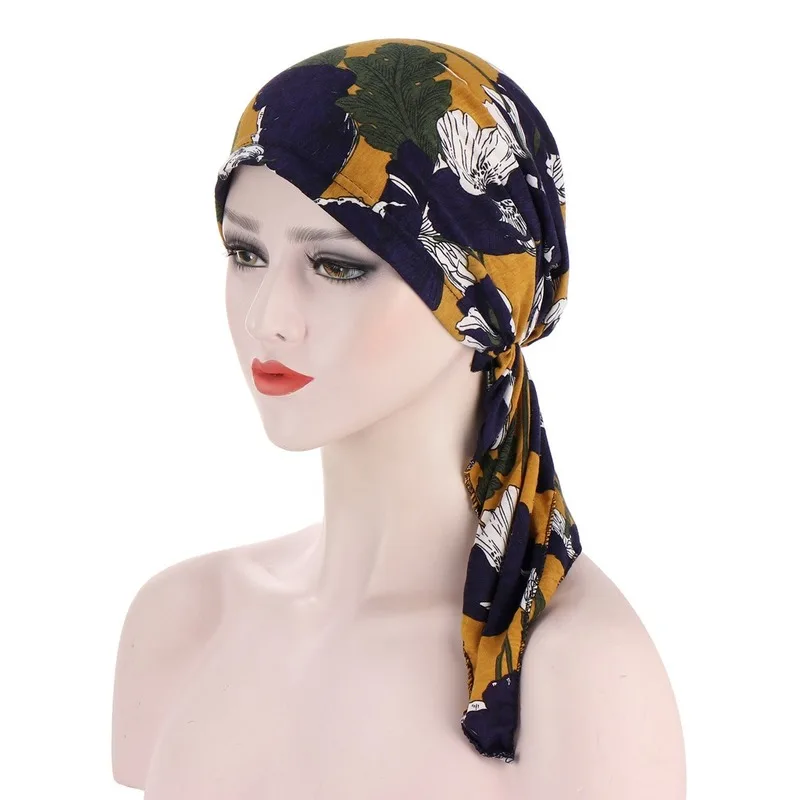 

New Muslim Head Wrap Caps for Women Twisted Pre-Tied Print Hijab Headscarf Cancer Chemo Beanies Hair Loss Cover