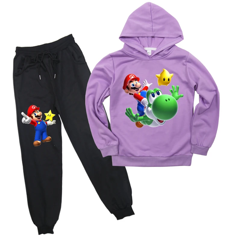 Одежда с принтом Марио; Комплект для девочек; детские толстовки; топы; свитер; одежда+ брюки; комплект из 2 предметов; подарки; одежда для малышей - Цвет: Фиолетовый