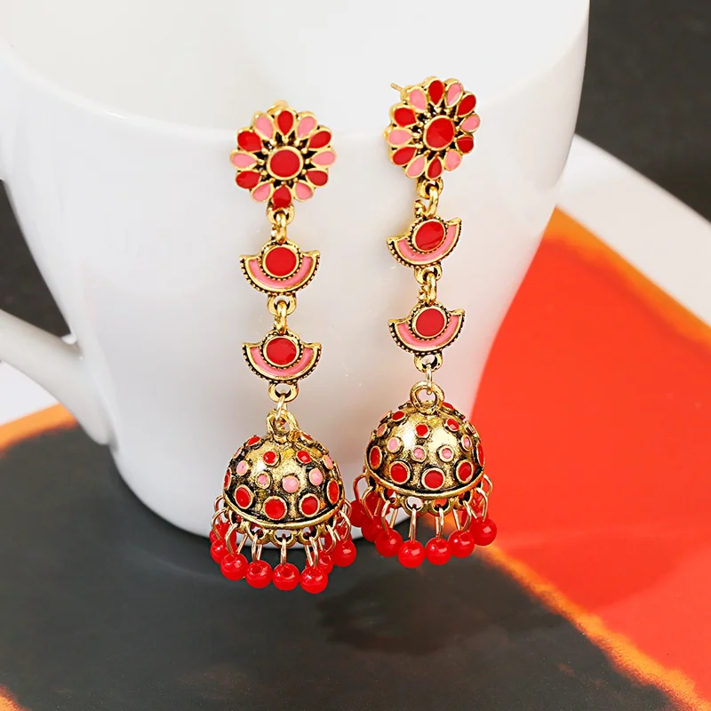 Винтажные длинные индийские серьги с красными цветами и кисточками для женщин
