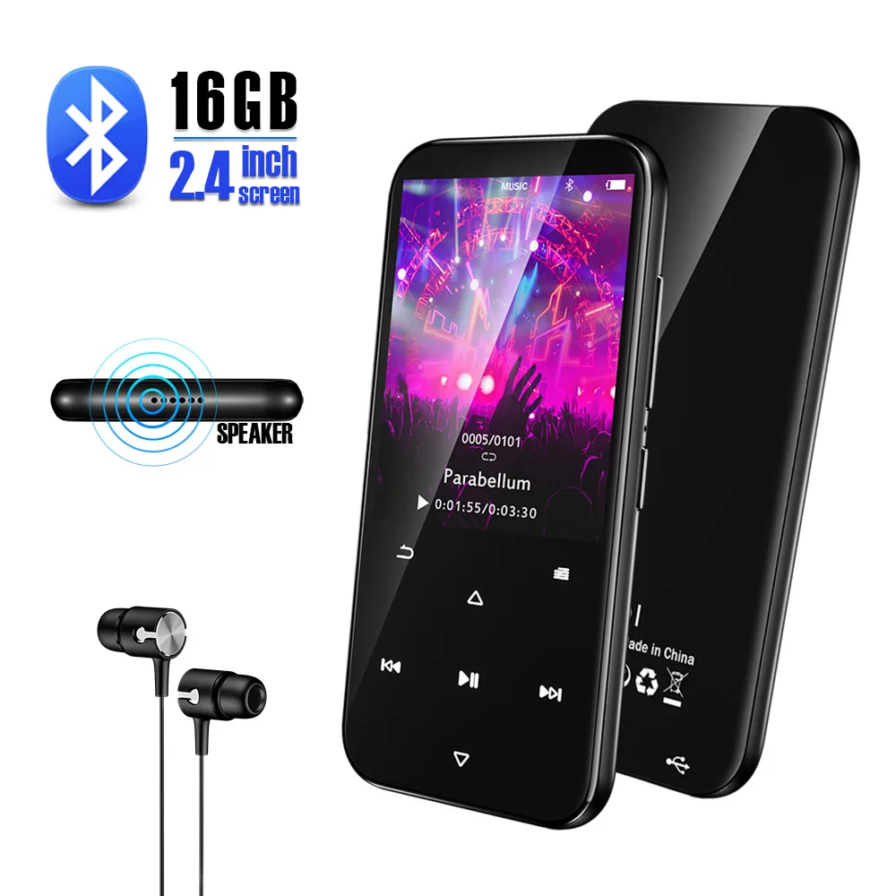 Qosea MP3-плеер с Bluetooth 4,2 HiFi музыкальный плеер с динамиком сенсорной кнопкой 2,4 дюйма экран Аудио Электронная книга радио встроенный 16 Гб